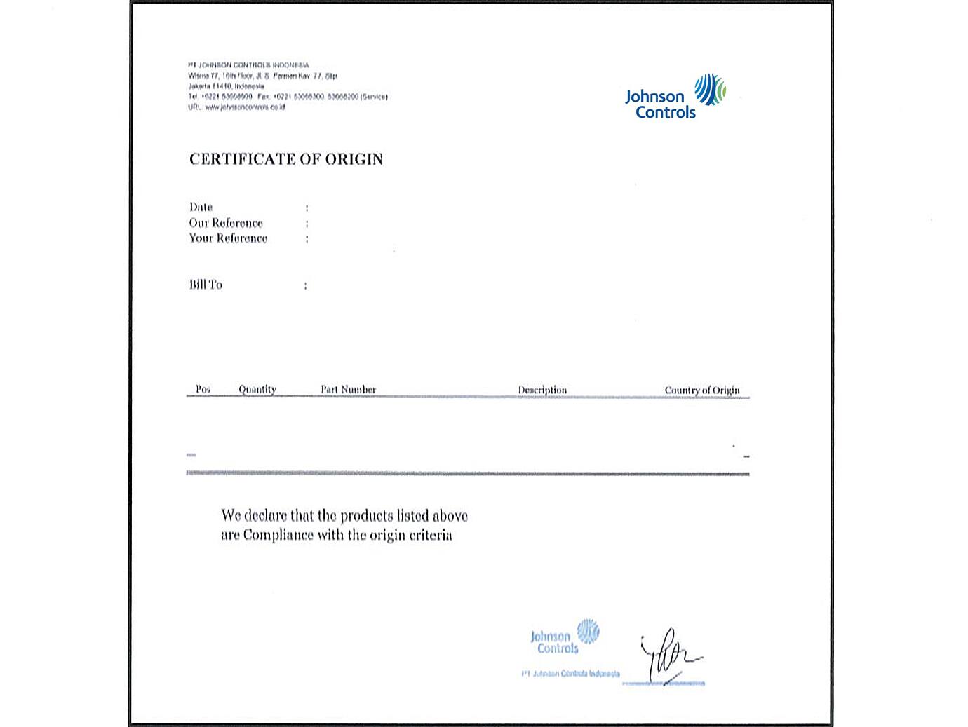 YORK Spare Part's Certificate of Origin